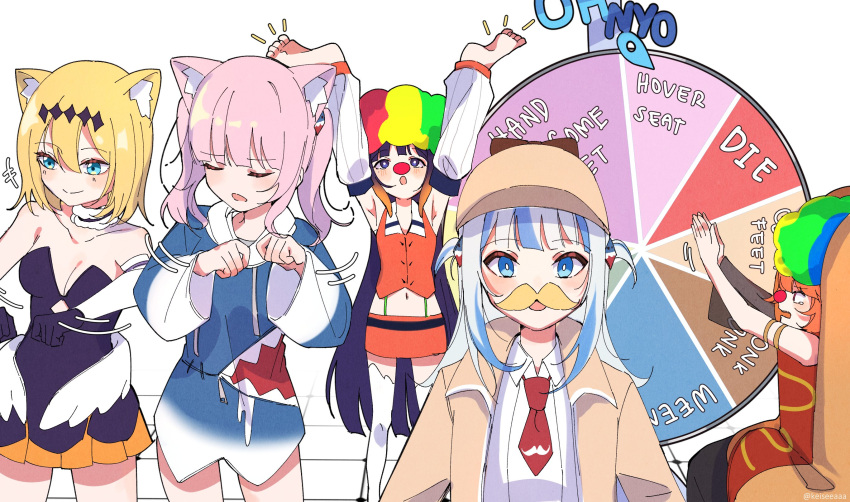 afro alternate_costume animal_ears bangs cat_ears cosplay costume_switch eyebrows_visible_through_hair feet feet_up gawr_gura highres hololive hololive_english hot_dog hot_dog_costume keisea long_hair mori_calliope multicolored_hair multiple_girls ninomae_ina'nis open_mouth orange_hair own_hands_clasped own_hands_together pink_hair rainbow_hair takanashi_kiara virtual_youtuber watson_amelia