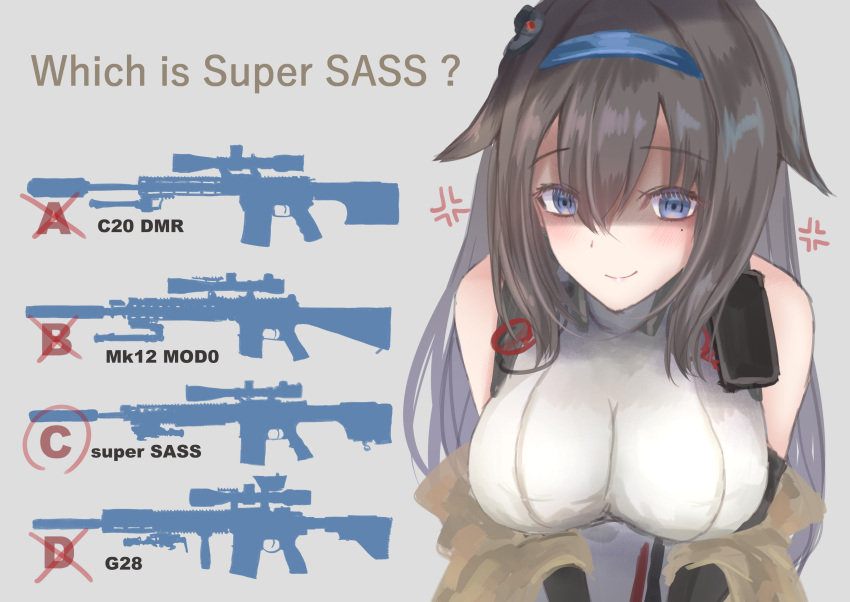 absurdres anger_vein bare_shoulders black_hair blue_eyes breasts eyebrows_visible_through_hair girls_frontline gun h&amp;k_g28 hairband highres large_breasts long_hair martinreaction mk_12_spr rifle shaded_face silhouette sleeveless smile super_sass super_sass_(girls'_frontline) weapon