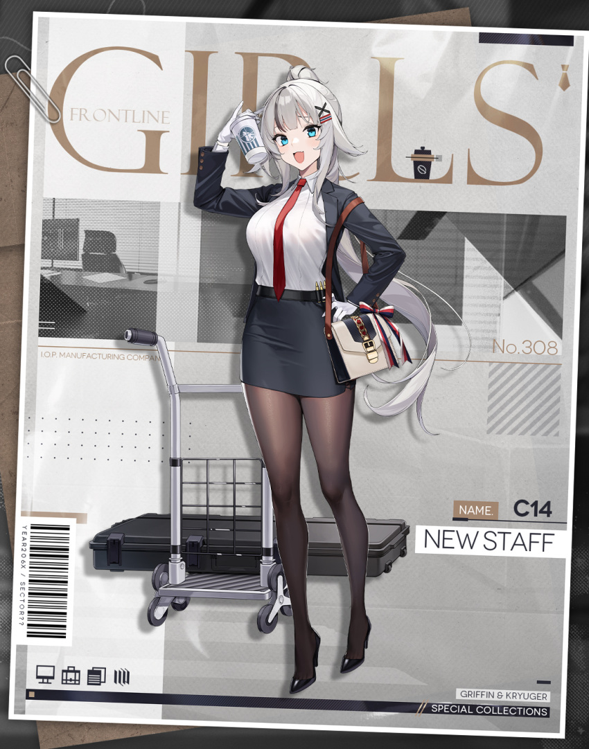 1girl aqua_eyes artist_request bag barcode black_footwear black_jacket black_legwear black_skirt c14_(girls'_frontline) c14_(new_staff)_(girls'_frontline) character_name collared_shirt copyright_name cup disposable_cup formal full_body girls_frontline high_heels high_ponytail highres jacket long_hair long_sleeves necktie office_lady official_alternate_costume official_art open_clothes open_jacket open_mouth pantyhose pencil_skirt promotional_art red_necktie shirt shoulder_bag silver_hair skirt skirt_suit smile solo standing suit white_shirt