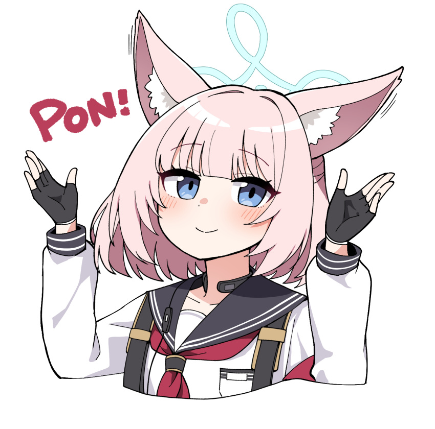 1girl animal_ear_fluff animal_ears armband black_gloves blue_archive blue_eyes blush breast_pocket closed_mouth cropped_torso eyebrows_visible_through_hair fingerless_gloves fox_ears gloves halo hands_up highres junsuina_fujunbutsu long_sleeves looking_at_viewer medium_hair motion_lines neckerchief nico_(blue_archive) pink_hair pocket red_neckerchief school_uniform serafuku simple_background smile solo throat_microphone upper_body white_background white_serafuku