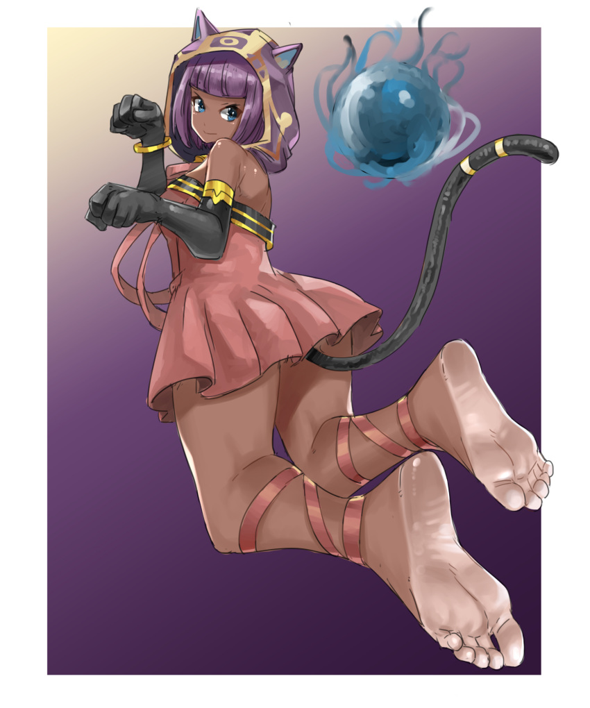 1girl alternate_costume animal_hands animal_hood back bangs barefoot black_gloves blue_eyes blunt_bangs border bracelet breasts cat_hood cat_tail crystal_ball dark-skinned_female dark_skin dress eiji_(eiji) elbow_gloves eyebrows_visible_through_hair feet foot_focus foreshortening gloves gold_trim highres hood jewelry menat open_mouth paw_gloves purple_hair red_dress red_ribbon ribbon short_dress short_hair simple_background small_breasts smile soles solo street_fighter street_fighter_v tail thigh_strap thighs toes white_background white_border