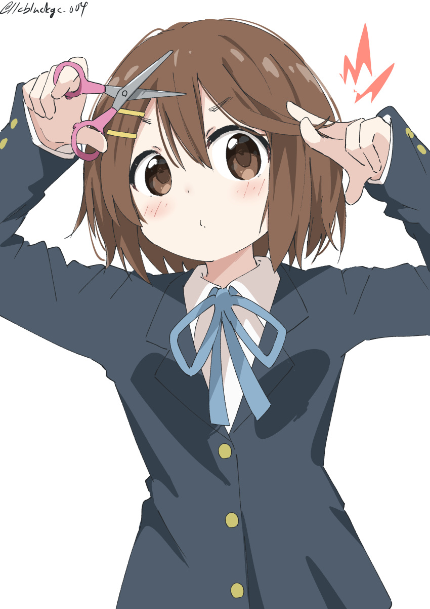 1girl absurdres bangs blue_jacket blue_ribbon blush brown_eyes brown_hair closed_mouth commentary_request cynical_(llcbluckg_c004) eyebrows_visible_through_hair hair_between_eyes hair_ornament hairclip highres hirasawa_yui holding holding_scissors jacket k-on! long_sleeves neck_ribbon ribbon sakuragaoka_high_school_uniform school_uniform scissors shirt short_hair simple_background upper_body white_background white_shirt