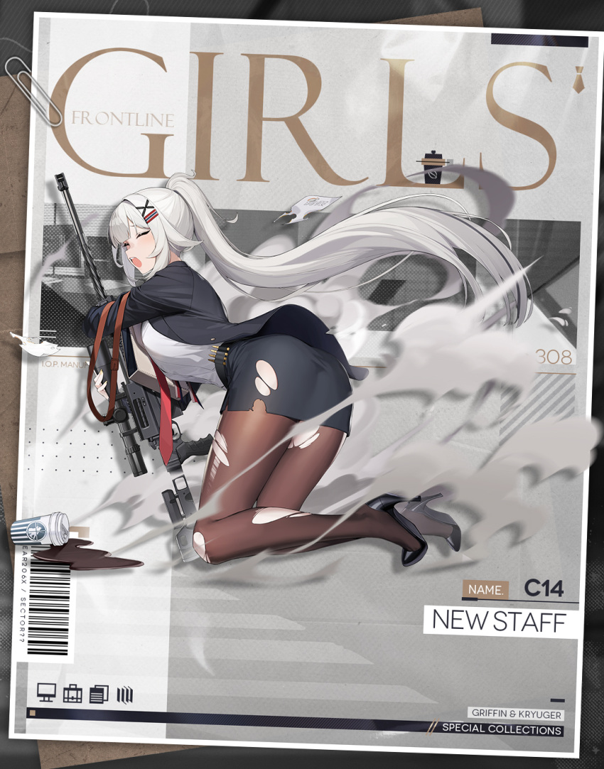 1girl artist_request bag barcode black_footwear black_jacket black_legwear black_skirt c14_(girls'_frontline) c14_(new_staff)_(girls'_frontline) c14_timberwolf character_name closed_eyes collared_shirt copyright_name cup disposable_cup formal full_body girls_frontline gun high_heels high_ponytail highres jacket long_hair long_sleeves necktie office_lady official_alternate_costume official_art open_clothes open_jacket open_mouth pantyhose pencil_skirt promotional_art red_necktie rifle scope shirt shoulder_bag silver_hair skirt skirt_suit sniper_rifle solo suit torn_clothes torn_legwear torn_skirt weapon white_shirt