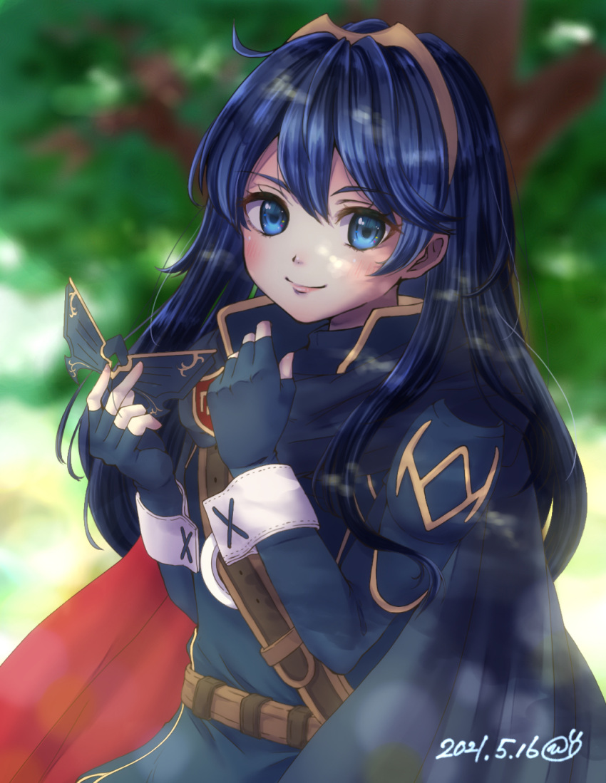 1girl armor bangs belt blue_eyes blue_hair cape dated eyebrows_visible_through_hair fingerless_gloves fire_emblem fire_emblem_awakening gloves highres hinasuzu69 holding holding_mask long_hair long_sleeves looking_at_viewer lucina_(fire_emblem) mask mask_removed outdoors shoulder_armor smile solo tiara tree