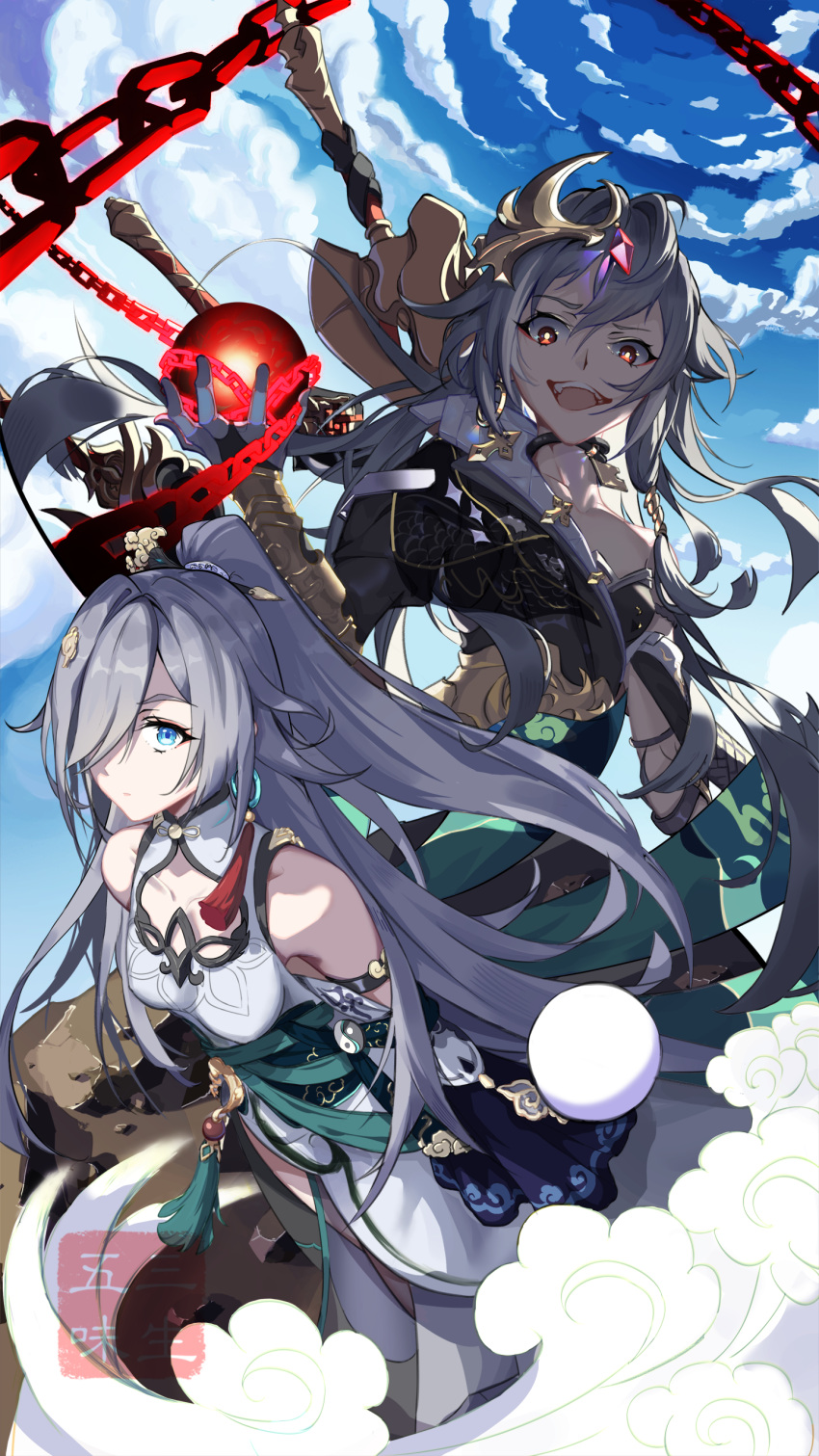 2girls :d absurdres bangs bare_shoulders blue_eyes blue_sky china_dress chinese_clothes closed_mouth clouds cloudy_sky dress dual_persona fu_hua fu_hua_(azure_empyrea) fu_hua_(herrscher_of_sentience) hair_ornament highres holding holding_whip honkai_(series) honkai_impact_3rd long_hair long_sleeves looking_at_viewer mikuandalice multiple_girls open_mouth ponytail red_eyes sky smile sword weapon white_dress