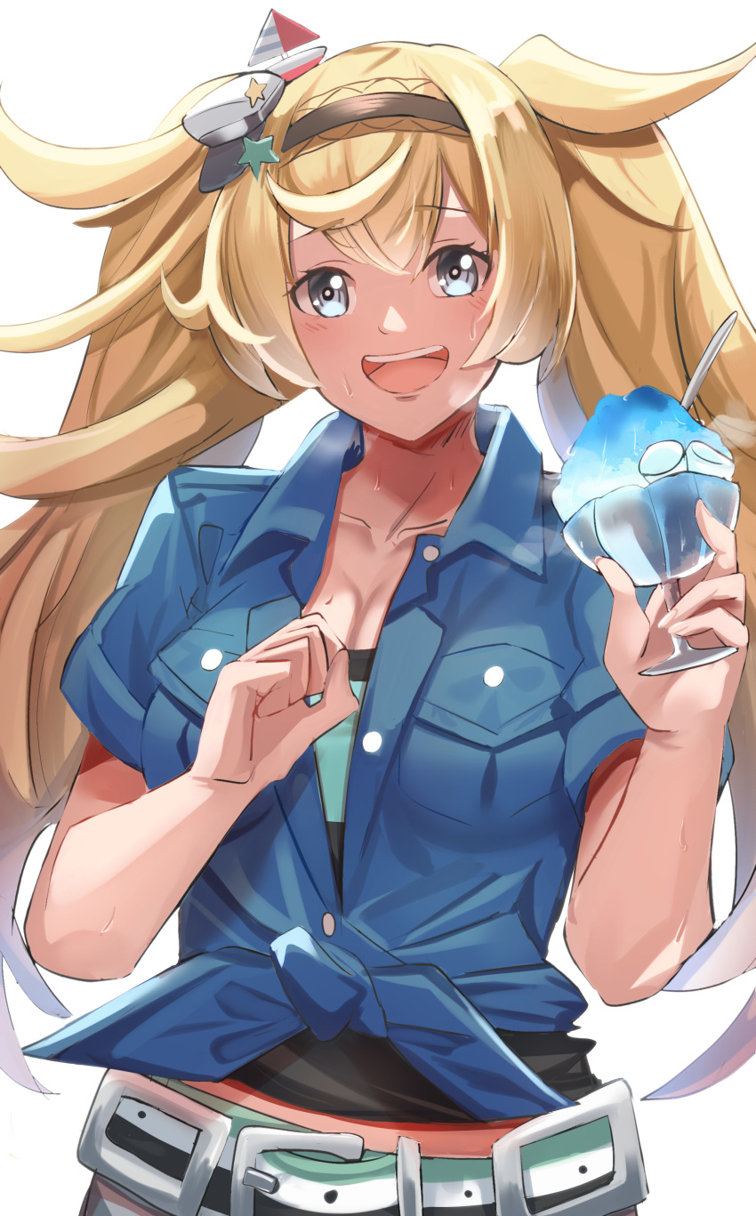 1girl absurdres blonde_hair blue_eyes blue_shirt breast_pocket breasts collared_shirt daweykun gambier_bay_(kancolle) hairband highres kantai_collection large_breasts long_hair official_alternate_costume pocket shaved_ice shirt short_sleeves solo tied_shirt twintails upper_body