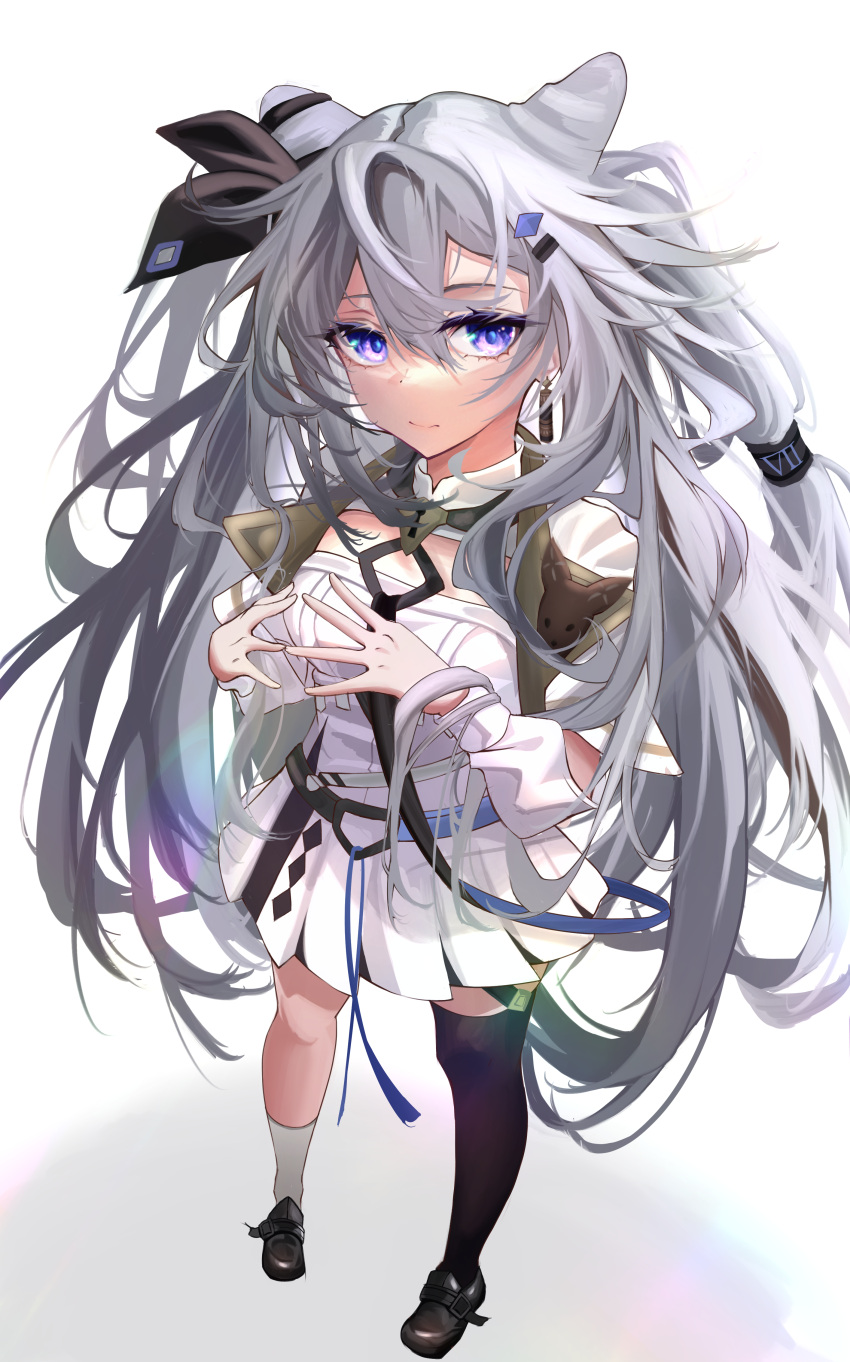 1girl absurdres animal_ears asymmetrical_legwear breasts closed_mouth dress fingers_together foreshortening from_above full_body grey_hair highres hololive hololive_indonesia kneehighs long_hair looking_at_viewer sazuna_(user_gepn5443) silver_hair single_kneehigh single_thighhigh thigh-highs very_long_hair vestia_zeta violet_eyes virtual_youtuber