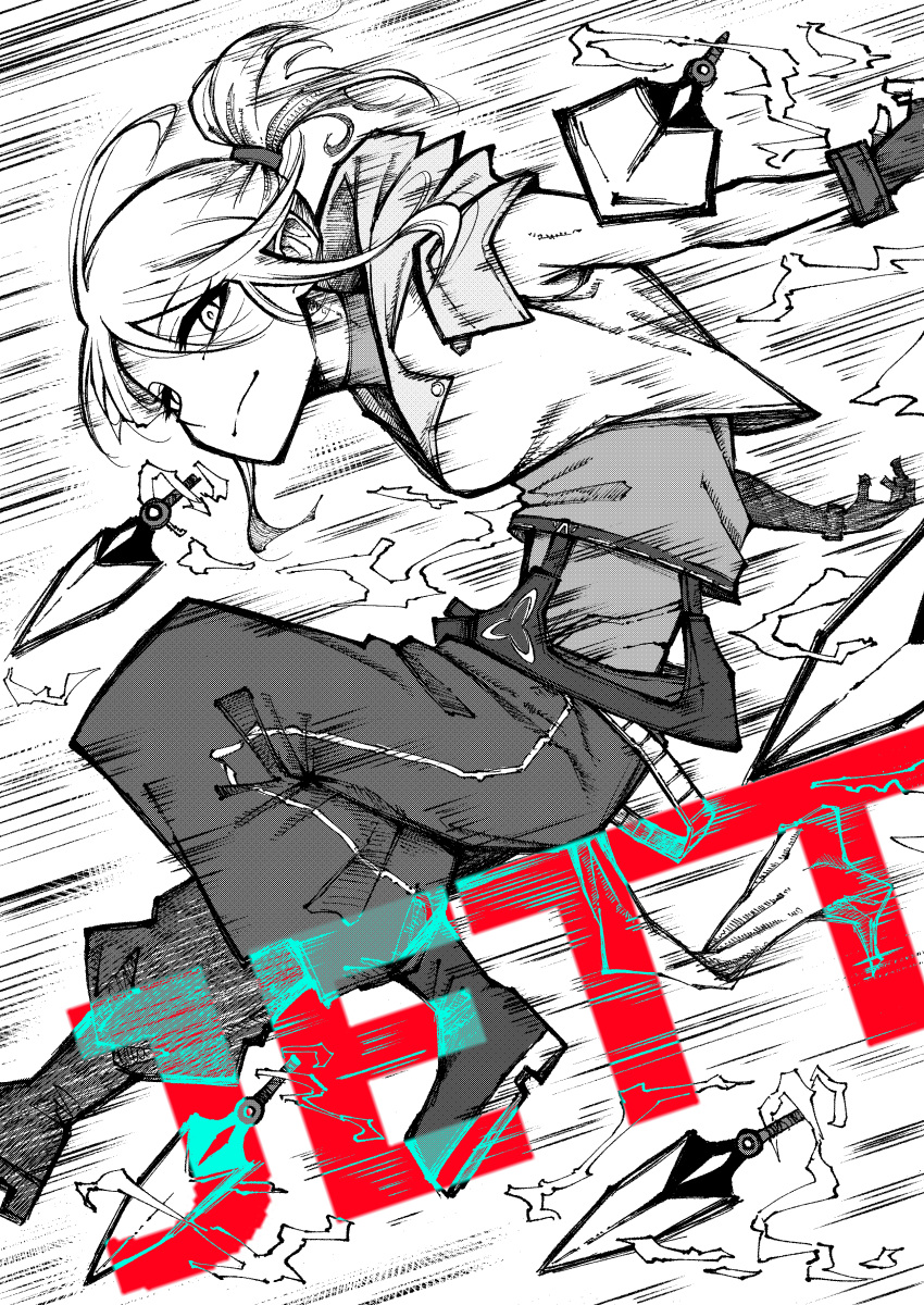 1girl absurdres airborne boots character_name cropped_jacket eyebrows_visible_through_hair floating floating_hair floating_object floating_weapon from_side gloves highres hood hooded_jacket jacket jett_(valorant) knife looking_at_viewer monochrome okita_mumu pants ponytail sleeveless sleeveless_jacket smile solo spot_color valorant