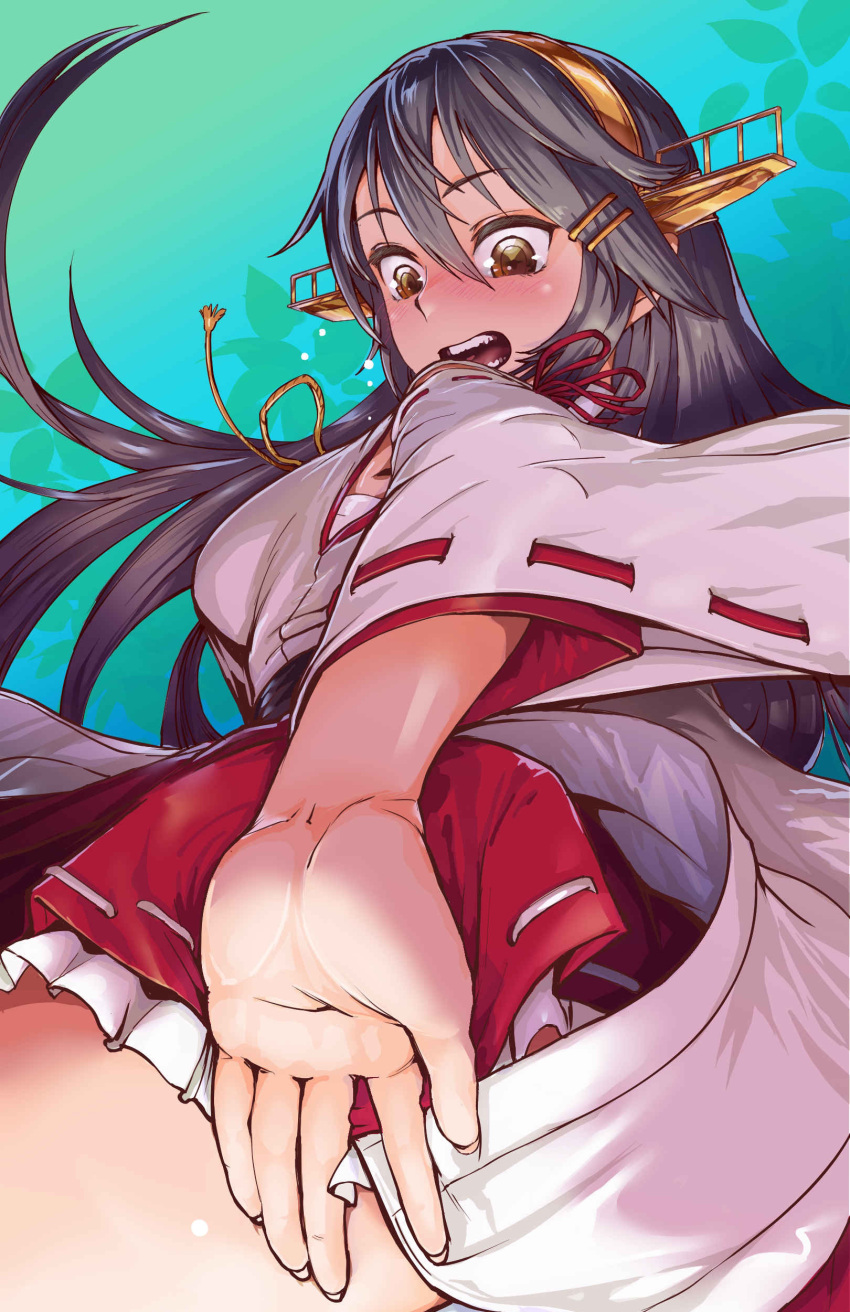 1girl absurdres asava_(hutaitenn) black_hair blush breasts brown_eyes commentary commission from_below hair_between_eyes haruna_(kancolle) haruna_kai_ni_(kancolle) headgear highres kantai_collection large_breasts long_hair nontraditional_miko open_mouth red_skirt ribbon-trimmed_sleeves ribbon_trim sarashi skeb_commission skirt solo wide_sleeves