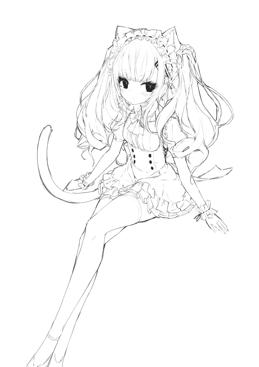 1girl absurdres animal_ear_fluff animal_ears bangs blush breasts cat_ears cat_girl cat_tail closed_mouth collared_shirt dress eyebrows_visible_through_hair feet_out_of_frame frilled_dress frills greyscale hair_ornament hairclip highres long_hair long_legs looking_at_viewer maid monochrome original puffy_short_sleeves puffy_sleeves ribbon-trimmed_hairband shirt shoes short_sleeves simple_background sitting small_breasts solo tail thigh-highs twintails very_long_hair white_background wrist_cuffs yuui_hutabakirage