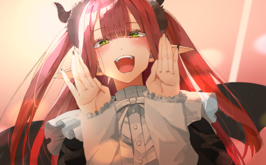 1girl :d artist_name bangs black_nails blunt_bangs blush breasts cosplay demon_girl demon_horns demon_wings eyebrows_behind_hair fake_horns fake_wings fangs fingernails frills from_below hands_up highres horns kitagawa_marin light_blush lips long_fingernails long_hair long_pointy_ears long_sleeves looking_at_viewer lower_teeth ninosetori open_hands open_mouth pointy_ears pov puffy_sleeves redhead rizu-kyun sharp_fingernails sidelocks smile solo sono_bisque_doll_wa_koi_wo_suru teeth tongue two_side_up upper_body upper_teeth wings