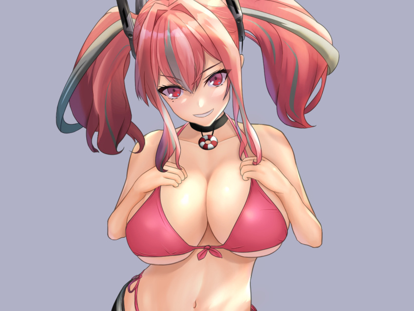 1girl asanagi_shion azur_lane bangs bare_shoulders bikini black_choker breasts bremerton_(azur_lane) choker collarbone commentary_request front-tie_bikini front-tie_top grey_background grey_hair grin hair_between_eyes hair_intakes hands_on_own_chest head_tilt large_breasts long_hair looking_at_viewer mole mole_under_eye multicolored_hair navel pink_bikini pink_eyes pink_hair simple_background smile solo stomach streaked_hair swimsuit twintails upper_body