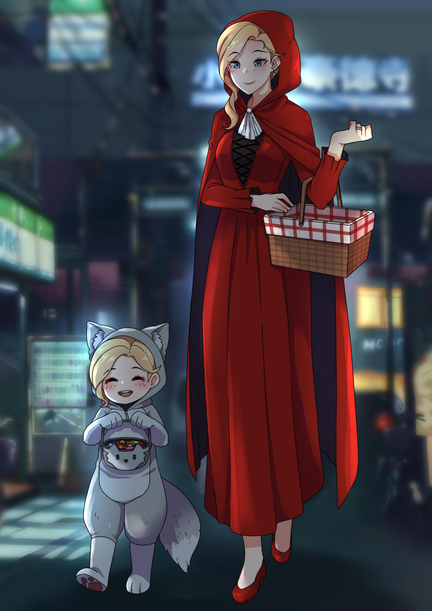 2girls absurdres alternate_costume animal_costume animal_ears animal_hands asymmetrical_hair azur_lane big_bad_wolf big_bad_wolf_(cosplay) blonde_hair blue_eyes coat commander_cool cosplay dress eyebrows_visible_through_hair highres hood hood_(azur_lane) hoodie little_red_riding_hood_(grimm) little_red_riding_hood_(grimm)_(cosplay) long_hair mother_and_daughter multiple_girls red_coat red_dress red_footwear red_hoodie tail wolf_costume wolf_ears