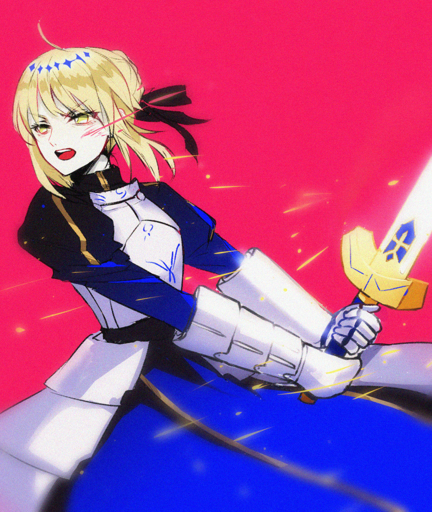 1girl armor armored_dress artoria_pendragon_(fate) blonde_hair braid breastplate cowboy_shot excalibur_(fate/stay_night) fate_(series) french_braid from_side gauntlets green_eyes hair_ribbon highres juliet_sleeves long_sleeves meow_(cindy738) open_mouth pink_background puffy_sleeves ribbon saber solo teeth tongue upper_teeth