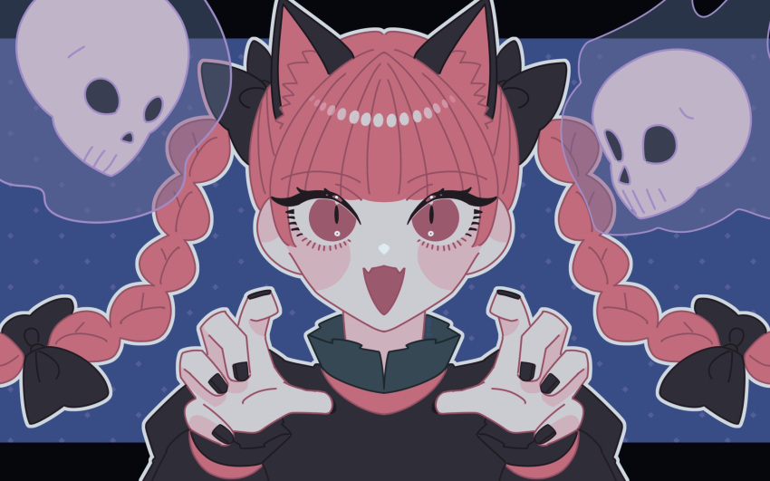 1girl :d animal_ears bangs black_bow black_nails blush bow braid cat_ears dress extra_ears fang fangs gao hair_bow highres hitodama kaenbyou_rin letterboxed long_sleeves looking_at_viewer nail_polish open_mouth outline outside_border red_eyes redhead roserose626 skin_fangs skull smile solo touhou twin_braids white_outline