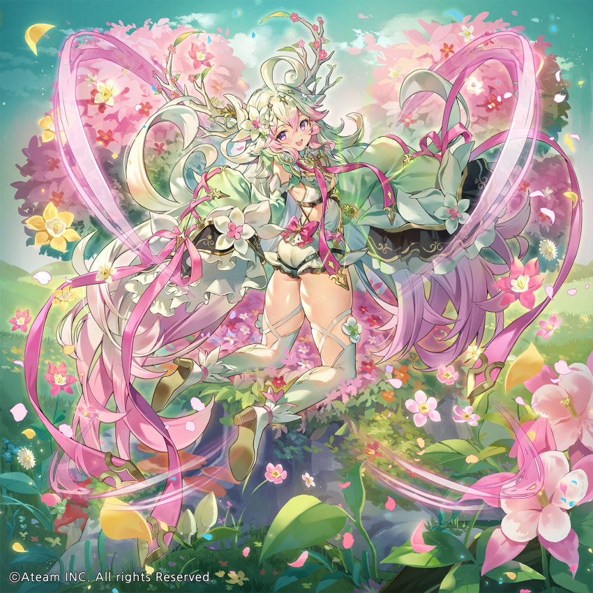 1girl ahoge antlers bangs company_name copyright floating floating_hair flower green_hair hair_flower hair_ornament hands_up high_heels highres long_hair looking_at_viewer looking_back multicolored_hair official_art open_mouth petals pink_hair plant randvitter ribbon sleeves_past_fingers sleeves_past_wrists solo thigh-highs two-tone_hair valkyrie_connect violet_eyes yeonwa