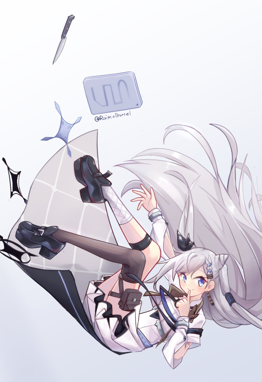 1girl asymmetrical_legwear belt black_legwear blue_hair dress earrings falling finger_to_mouth hair_cones highres hololive jewelry knife limebarrel looking_at_viewer pleated_skirt pouch shoes skirt smile solo thigh-highs thigh_strap vestia_zeta white_dress white_hair white_legwear