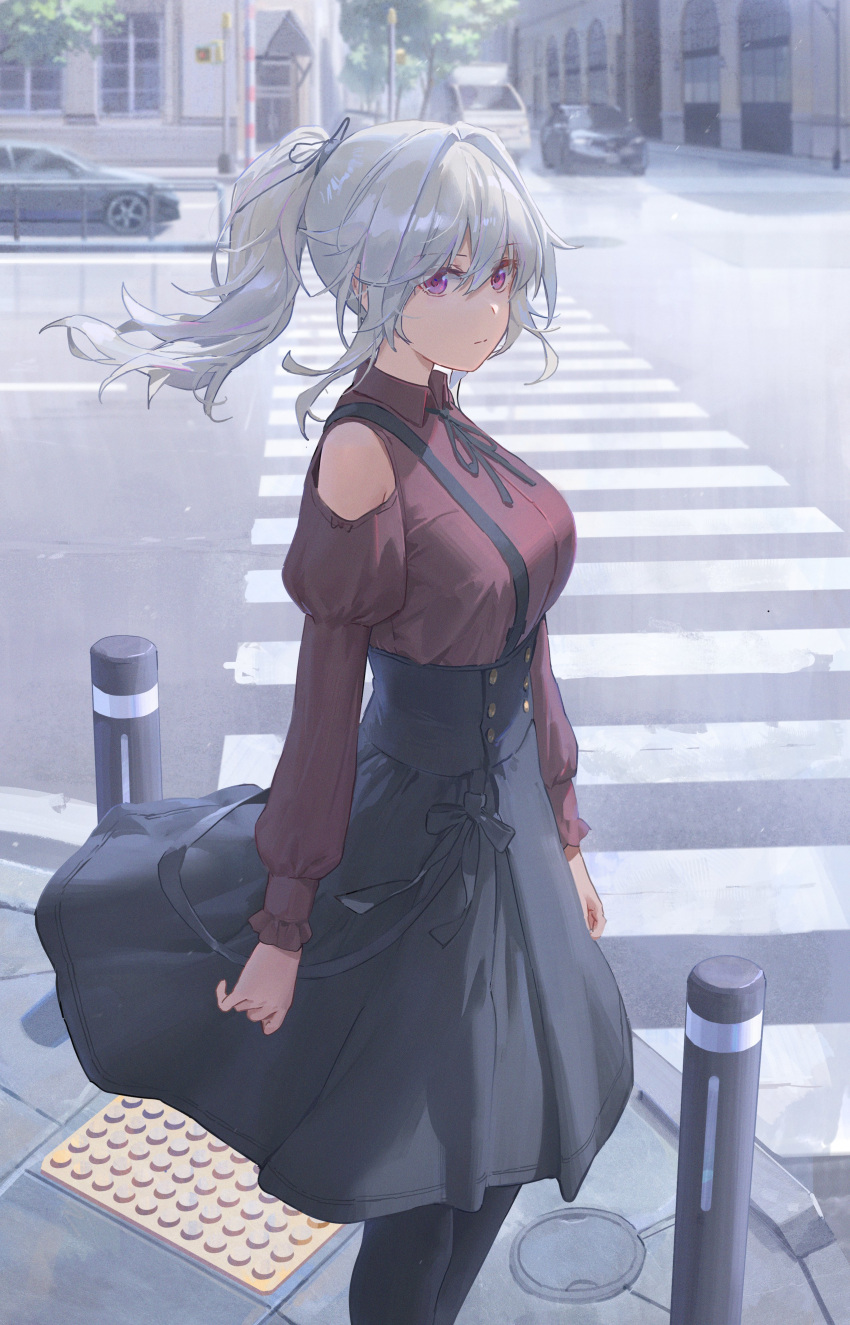 1girl absurdres bangs breasts free_style_(yohan1754) highres large_breasts long_hair long_sleeves looking_at_viewer original silver_hair skirt solo violet_eyes