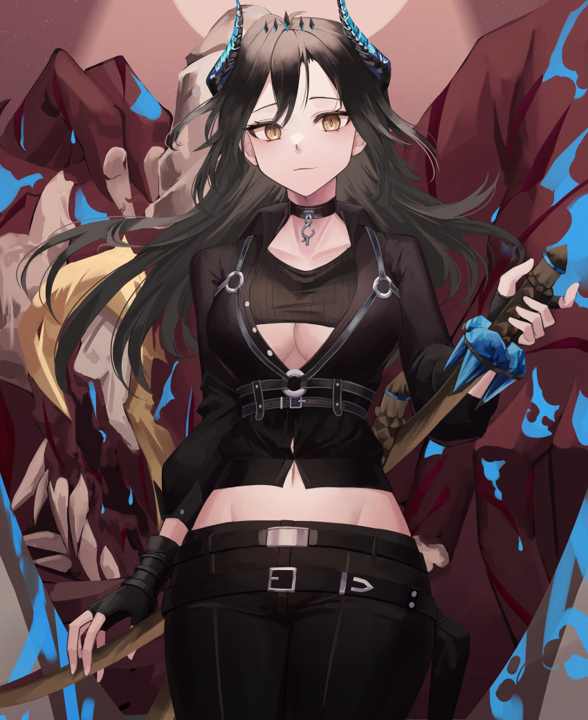 1girl absurdres belt belt_buckle black_choker black_gloves black_hair black_jacket black_pants blue_fire blush breasts buckle choker closed_mouth collarbone commission cowboy_shot crop_top fingerless_gloves fire gloves highres holding holding_sword holding_weapon horns jacket large_breasts long_hair long_sleeves looking_at_viewer mea_(hwaksal) monster navel o-ring original pants smile solo sword under_boob weapon yellow_eyes