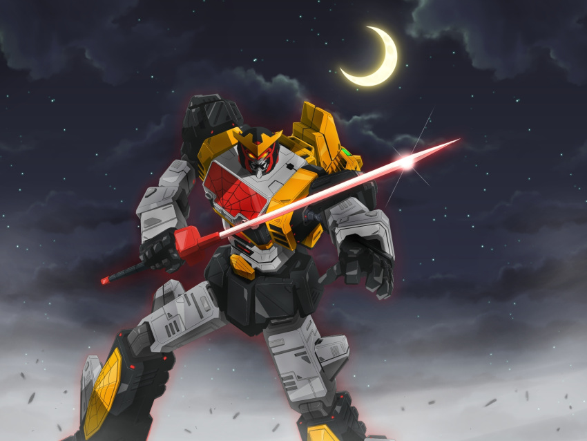 clenched_hands highres holding holding_sword holding_weapon leopardon looking_at_viewer marvel mecha monmon_(monban) moon moonlight no_humans robot solo spider-man_(series) spider-man_(toei) spider_web_print super_robot sword tokusatsu v-fin weapon yellow_eyes