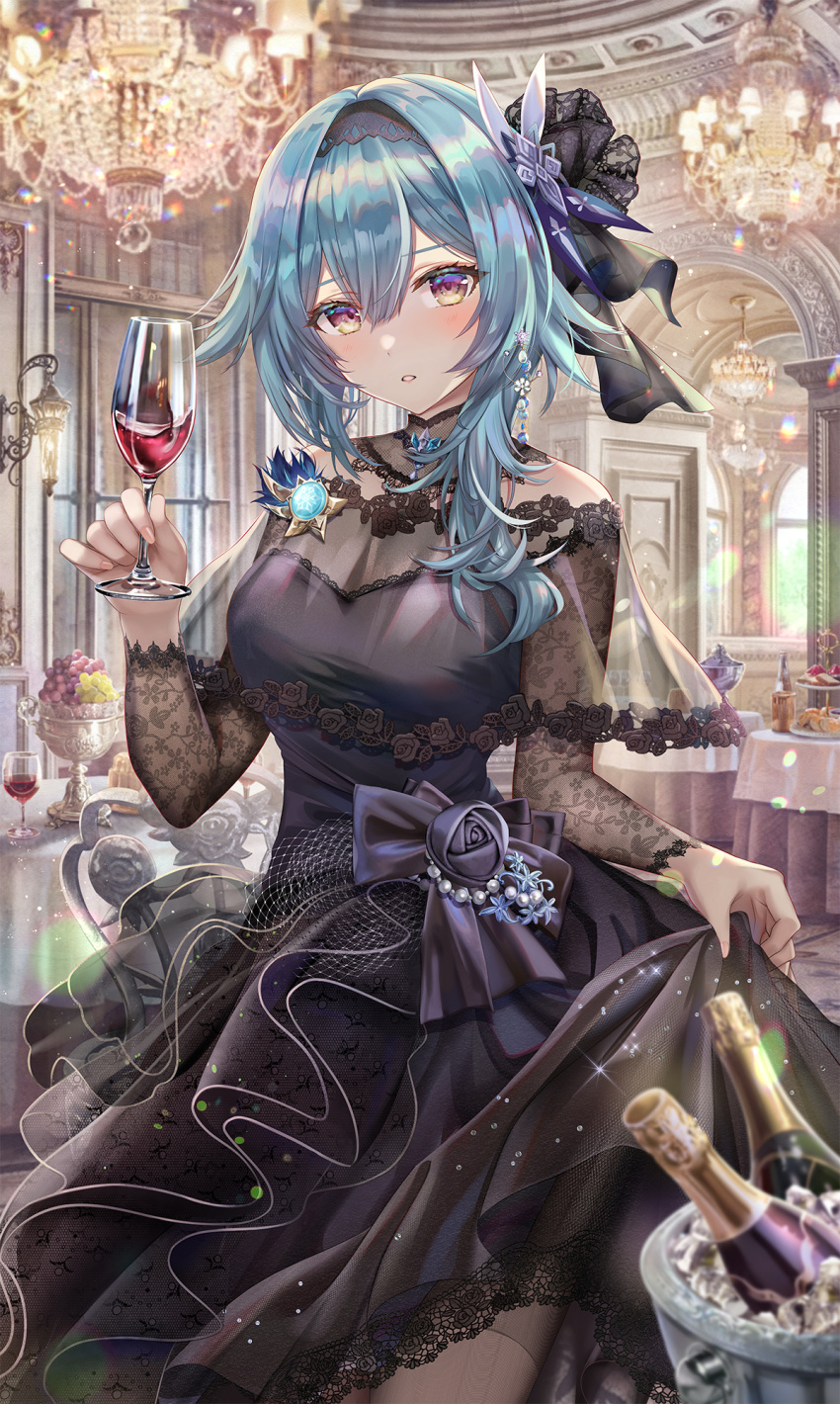 1girl alternate_costume bangs black_dress black_hairband blue_hair blush breasts cup dress eula_(genshin_impact) genshin_impact hair_ornament hairband highres holding holding_cup large_breasts long_hair looking_at_viewer medium_hair parted_lips sidelocks solo thighs torino_akua violet_eyes