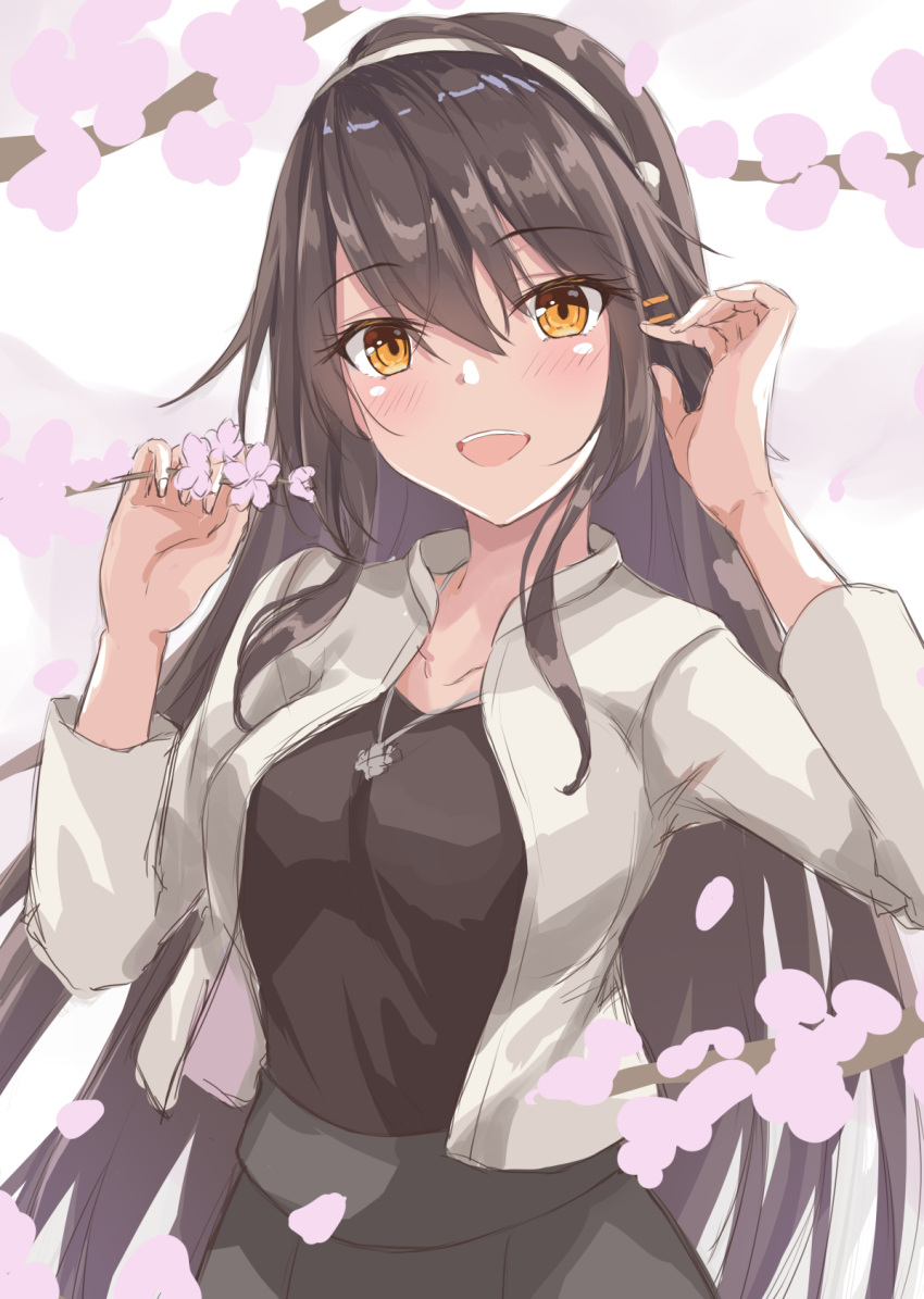 1girl :d anchor_necklace black_hair black_shirt breasts brown_eyes cherry_blossoms commentary flower gensoukitan grey_skirt hair_between_eyes haruna_(kancolle) highres holding holding_flower jacket kantai_collection large_breasts long_hair looking_at_viewer official_alternate_costume petals shirt skirt smile solo unfinished upper_body white_jacket