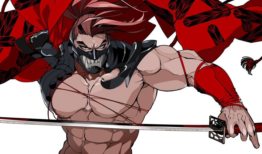 1boy abs angry bangs bare_pectorals biceps brown_hair commentary fate/grand_order fate_(series) hakama highres holding holding_sword holding_weapon igote japanese_clothes katana large_pectorals long_hair looking_at_viewer male_focus mask muscular muscular_male pectorals shiba_ten simple_background solo spiky_hair stomach sword tanaka_shinbei_(fate) upper_body weapon white_background