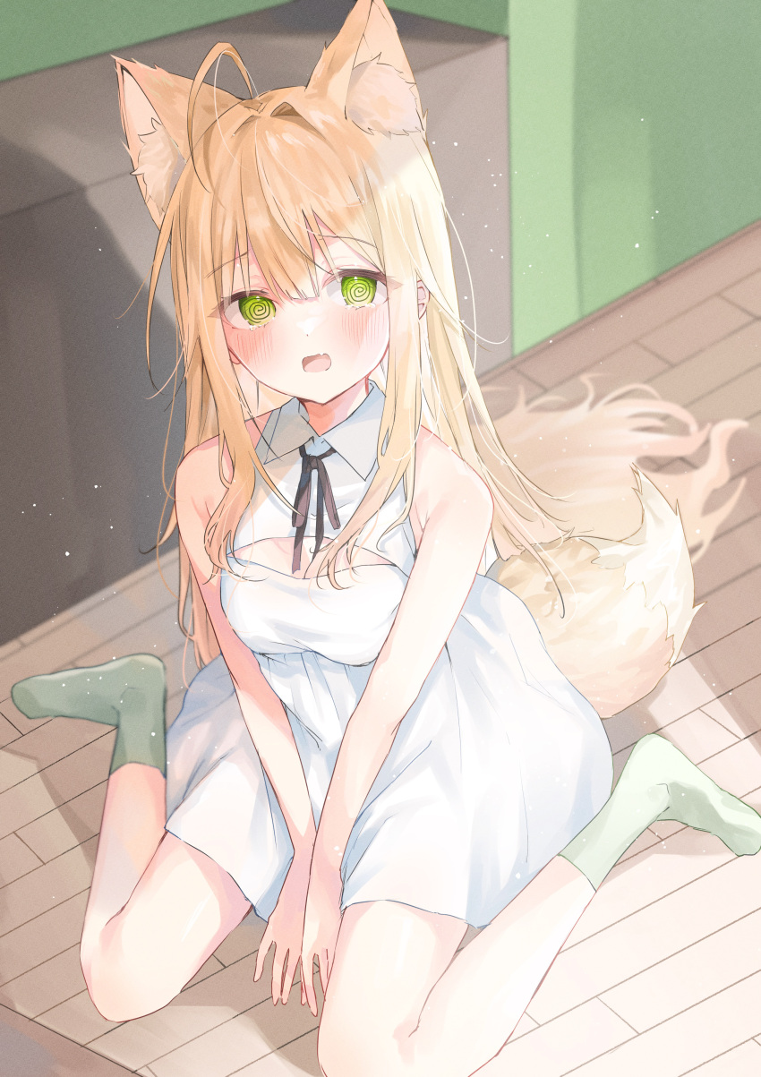 1girl @_@ absurdres ahoge animal_ear_fluff animal_ears bangs bare_shoulders between_legs black_ribbon blonde_hair blush breasts check_commentary commentary_request day dress eyebrows_visible_through_hair eyes_visible_through_hair fang floor fox_ears fox_tail from_above green_legwear hair_between_eyes hair_intakes hair_over_shoulder hand_between_legs highres light_particles long_hair looking_at_viewer medium_breasts neck_ribbon no_shoes original ribbon riri_(ri0177) sidelocks sitting skin_fang sleeveless sleeveless_dress socks solo sunlight tail teardrop very_long_hair wariza white_dress