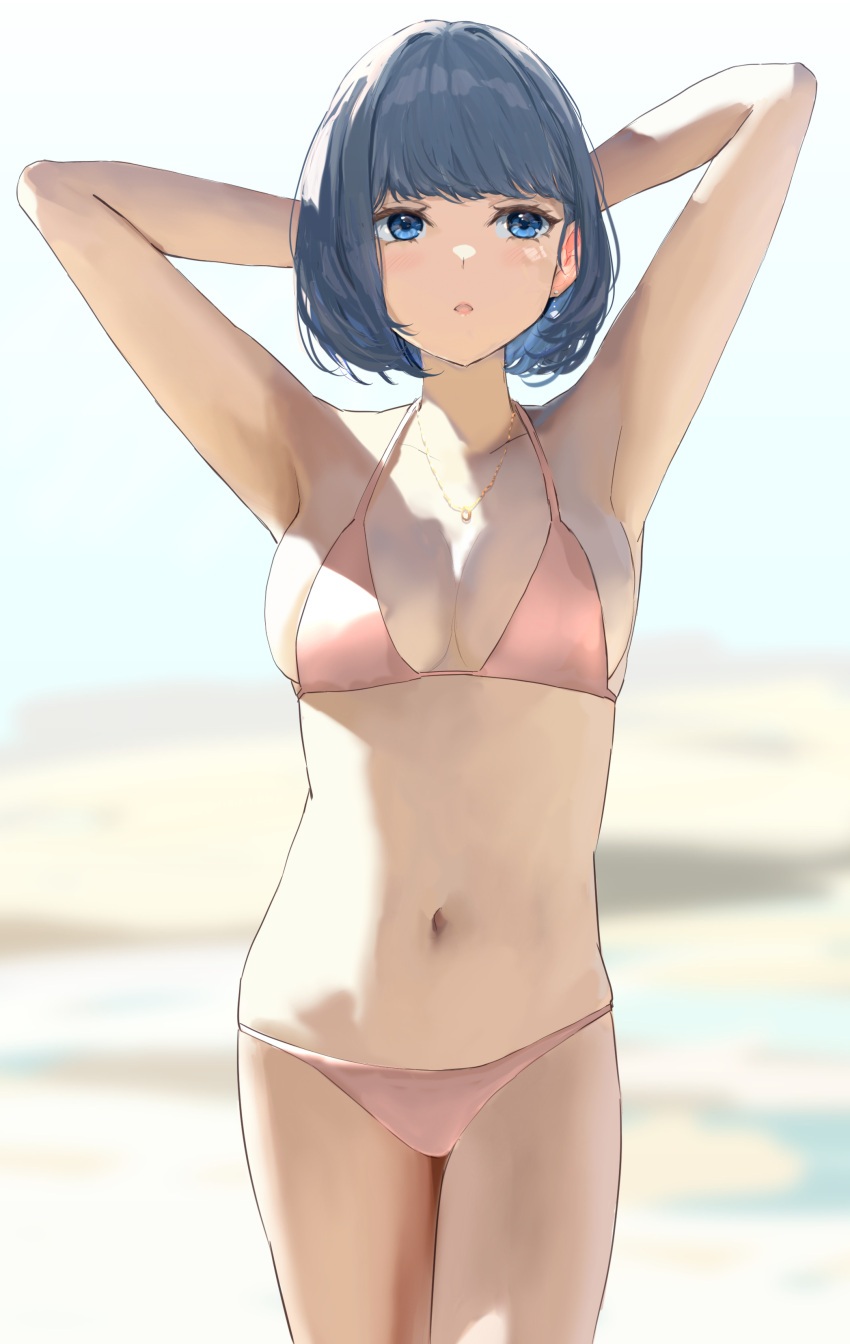1girl absurdres armpits bangs bare_arms bare_shoulders bikini blue_eyes blue_hair blurry blurry_background breasts collarbone depth_of_field highres icehotmilktea jewelry looking_away medium_breasts navel necklace original parted_lips pink_bikini short_hair solo standing swimsuit