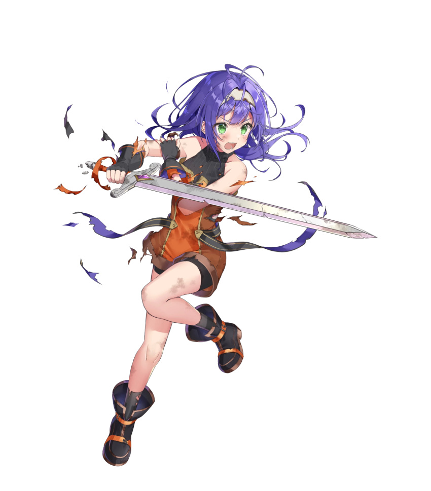 1girl ahoge bangs bare_shoulders black_legwear blue_hair blush boots broken broken_weapon child eyebrows_visible_through_hair fingerless_gloves fire_emblem fire_emblem:_path_of_radiance fire_emblem_heroes flat_chest full_body gloves green_eyes hairband highres holding holding_sword holding_weapon leg_up long_hair looking_away mia_(fire_emblem) non-web_source official_art open_mouth overalls shiny shiny_hair shiori_(xxxsi) sleeveless socks solo sword torn_clothes transparent_background turtleneck weapon