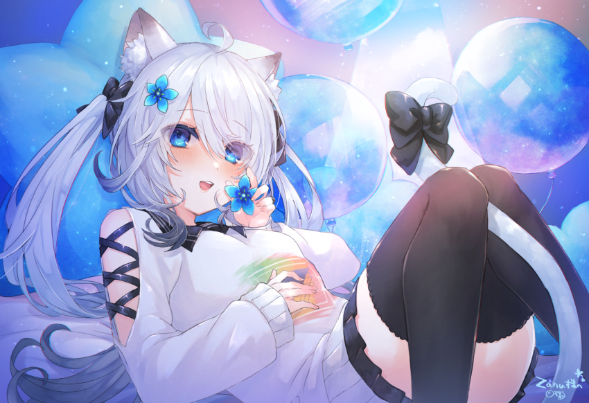 1girl :d ahoge animal_ear_fluff animal_ears balloon bangs black_bow black_legwear black_skirt blue_eyes blue_flower bow breasts cat_ears cat_girl cat_tail commentary_request commission eyebrows_visible_through_hair eyes_visible_through_hair feet_out_of_frame flower hair_flower hair_ornament hair_over_one_eye hand_up holding holding_flower knees_together_feet_apart knees_up long_hair long_sleeves looking_at_viewer lying on_back original pleated_skirt puffy_long_sleeves puffy_sleeves shikino_yuki signature silver_hair skeb_commission skirt sleeves_past_wrists small_breasts smile solo sweater tail tail_bow tail_ornament teeth thigh-highs twintails upper_teeth very_long_hair white_sweater