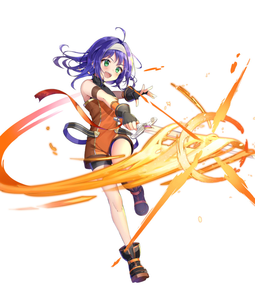 bangs bare_shoulders blue_hair child fingerless_gloves fire_emblem fire_emblem:_path_of_radiance fire_emblem_heroes flat_chest full_body gloves green_eyes hairband highres long_hair mia_(fire_emblem) non-web_source official_art overalls shiny shiny_hair shiori_(xxxsi) sleeveless sword transparent_background turtleneck weapon