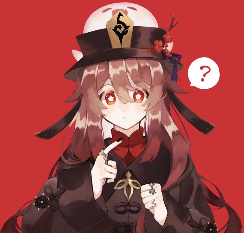1girl :d ? bangs brown_hair chinese_clothes commentary_request eyebrows_visible_through_hair flower genshin_impact ghost hair_between_eyes hat hat_flower hat_ornament highres hu_tao_(genshin_impact) jewelry kun_(user_ahgn2825) long_hair long_sleeves looking_at_viewer orange_eyes pointing pointing_at_self red_background ring sidelocks simple_background smile spoken_question_mark symbol-shaped_pupils twintails