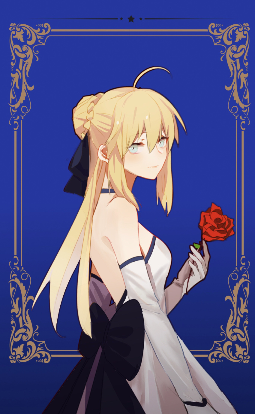 1girl absurdres ahoge artoria_pendragon_(fate) black_bow blue_eyes blush bow braid dress elbow_gloves fate_(series) flower french_braid from_side gloves hair_between_eyes highres light_smile looking_at_viewer meow_(cindy738) rose saber saber_lily sidelocks solo strapless strapless_dress white_dress white_gloves