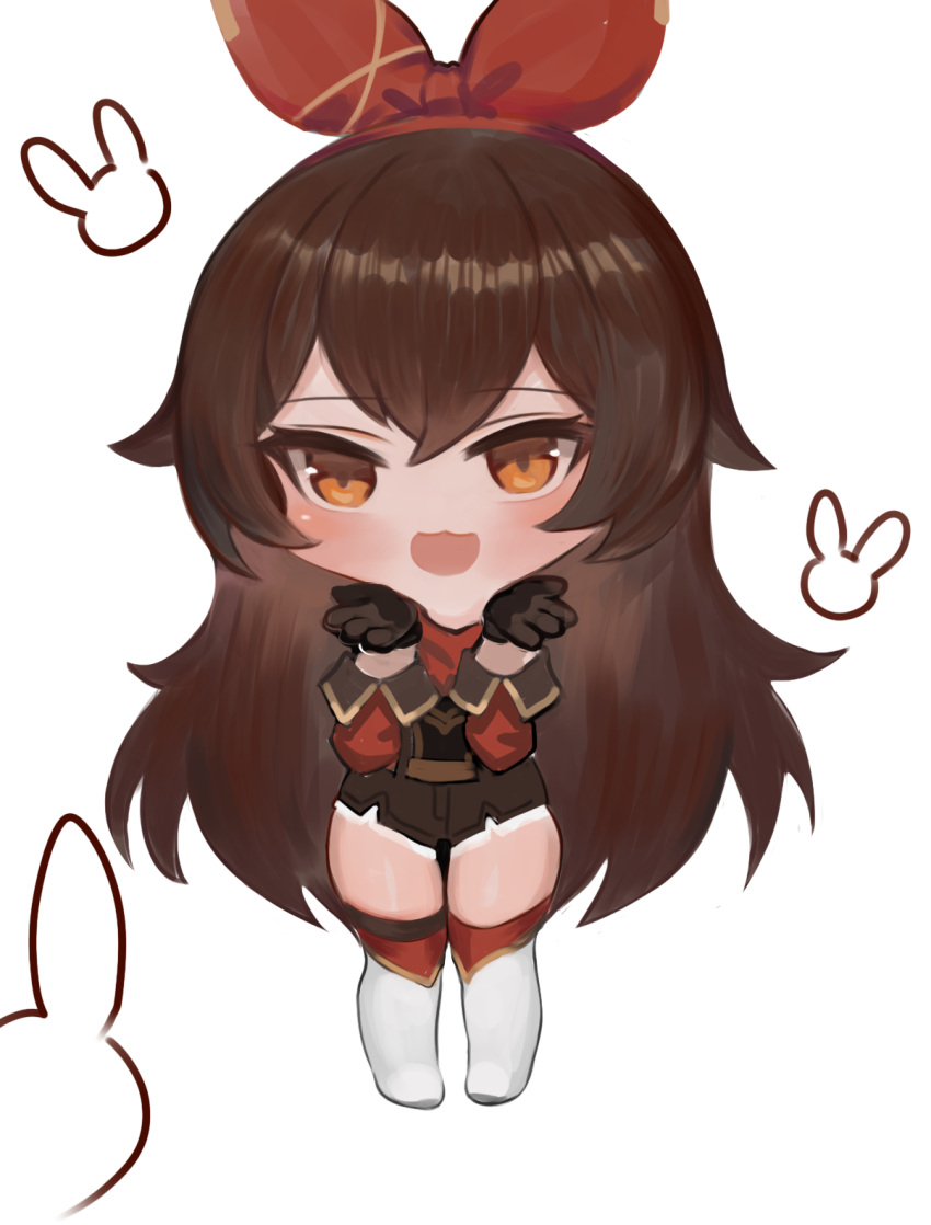 1girl :d amber_(genshin_impact) bangs black_gloves black_shorts blush boots brown_eyes brown_hair chibi commentary dokomon eyebrows_visible_through_hair full_body genshin_impact gloves hair_between_eyes hair_ribbon hands_up highres knee_boots long_hair long_sleeves looking_at_viewer red_ribbon ribbon short_shorts shorts shrug_(clothing) simple_background smile solo standing symbol-only_commentary very_long_hair white_background white_footwear