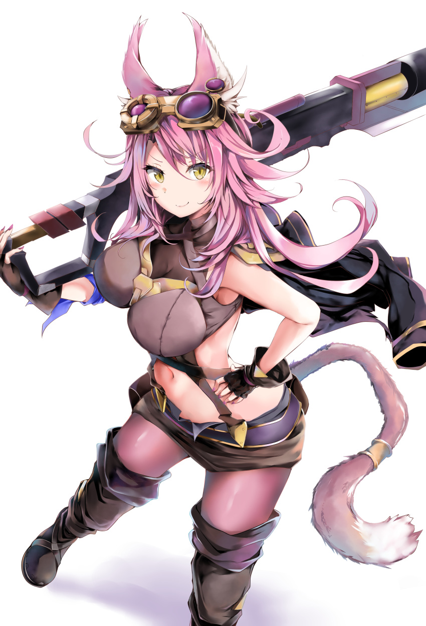 1girl absurdres animal_ears bare_shoulders boots breasts coat coat_on_shoulders duel_monster fingerless_gloves gloves goggles highres kuromiko_shoujo large_breasts long_hair looking_at_viewer midriff navel pink_hair shorts sleeveless solo tail tail_ornament tail_ring thigh-highs thigh_boots tri-brigade_ferrijit_the_barren_blossom weapon yellow_eyes yu-gi-oh!