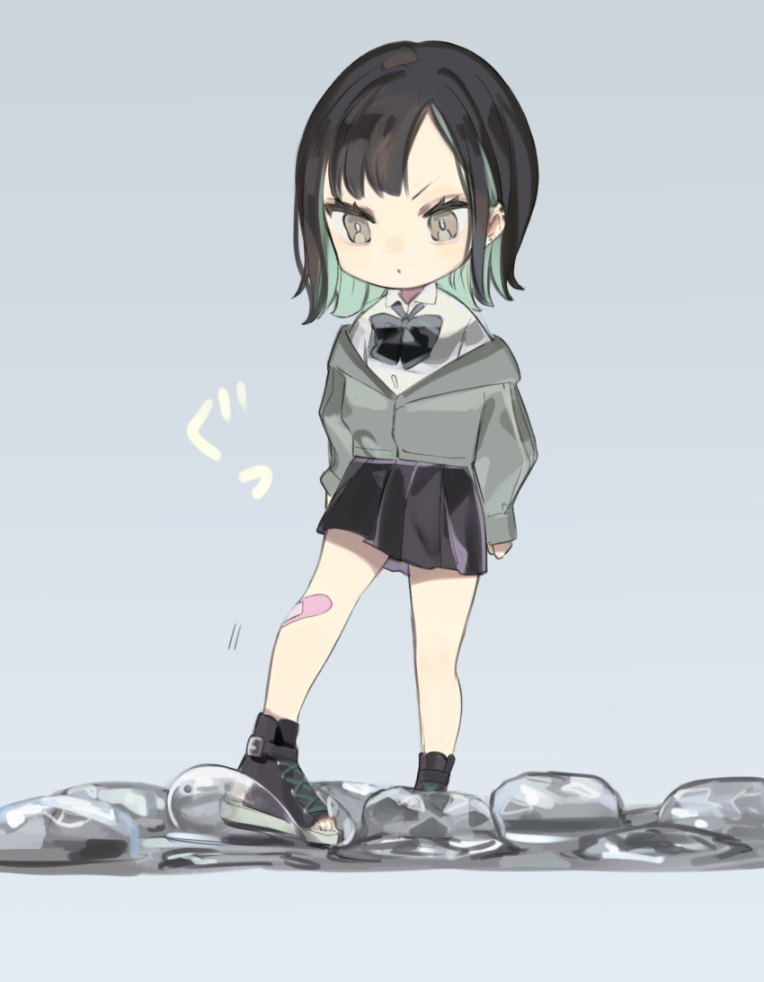 1girl :o bandaid bandaid_on_leg bangs black_bow black_bowtie black_eyes black_footwear black_hair black_skirt boukou-chan_(tokiwata_soul) bow bowtie bright_pupils chibi collared_shirt colored_inner_hair commentary_request cross-laced_footwear eyelashes full_body green_hair grey_background grey_jacket highres jacket looking_down multicolored_hair original pleated_skirt shirt short_hair simple_background skirt sleeves_past_wrists solo standing stepping swept_bangs tokiwata_soul white_pupils white_shirt