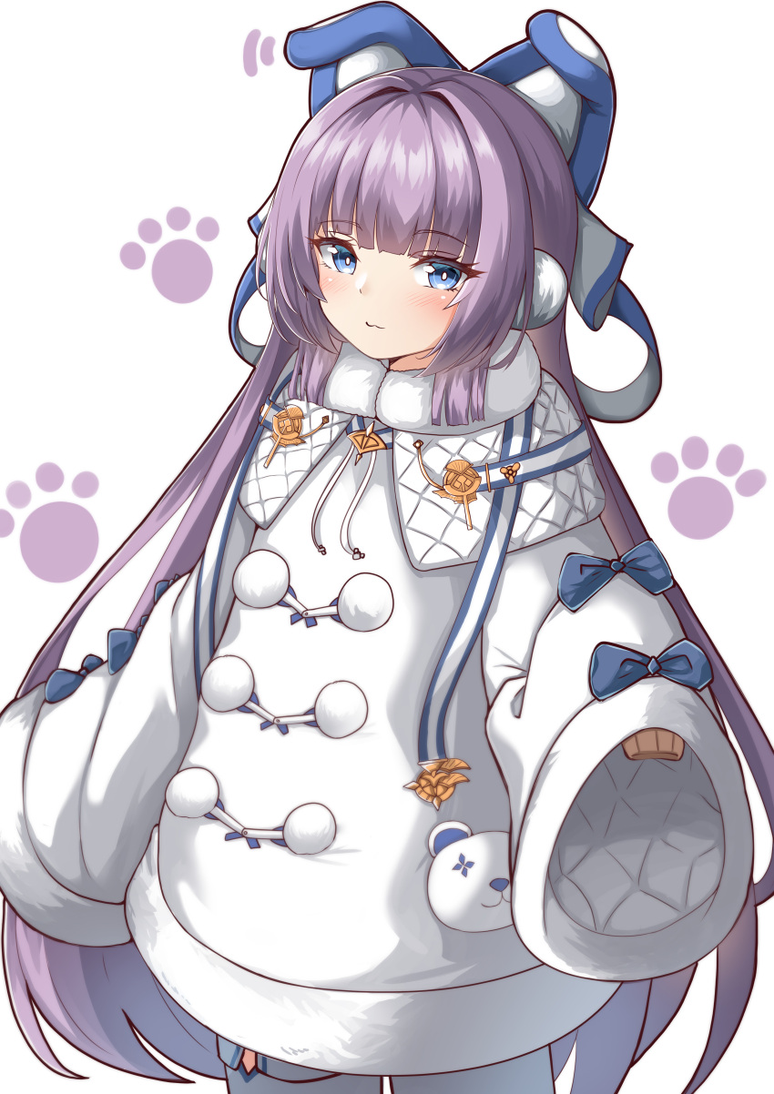 1girl absurdres azur_lane bangs blue_bow blue_eyes blunt_bangs blush bow brown_sweater closed_mouth commentary_request dress eyebrows_visible_through_hair hair_intakes highres long_hair long_sleeves looking_at_viewer moyoron purple_hair simple_background sleeves_past_fingers sleeves_past_wrists solo standing sweater tashkent_(azur_lane) thigh-highs very_long_hair white_background white_dress white_legwear