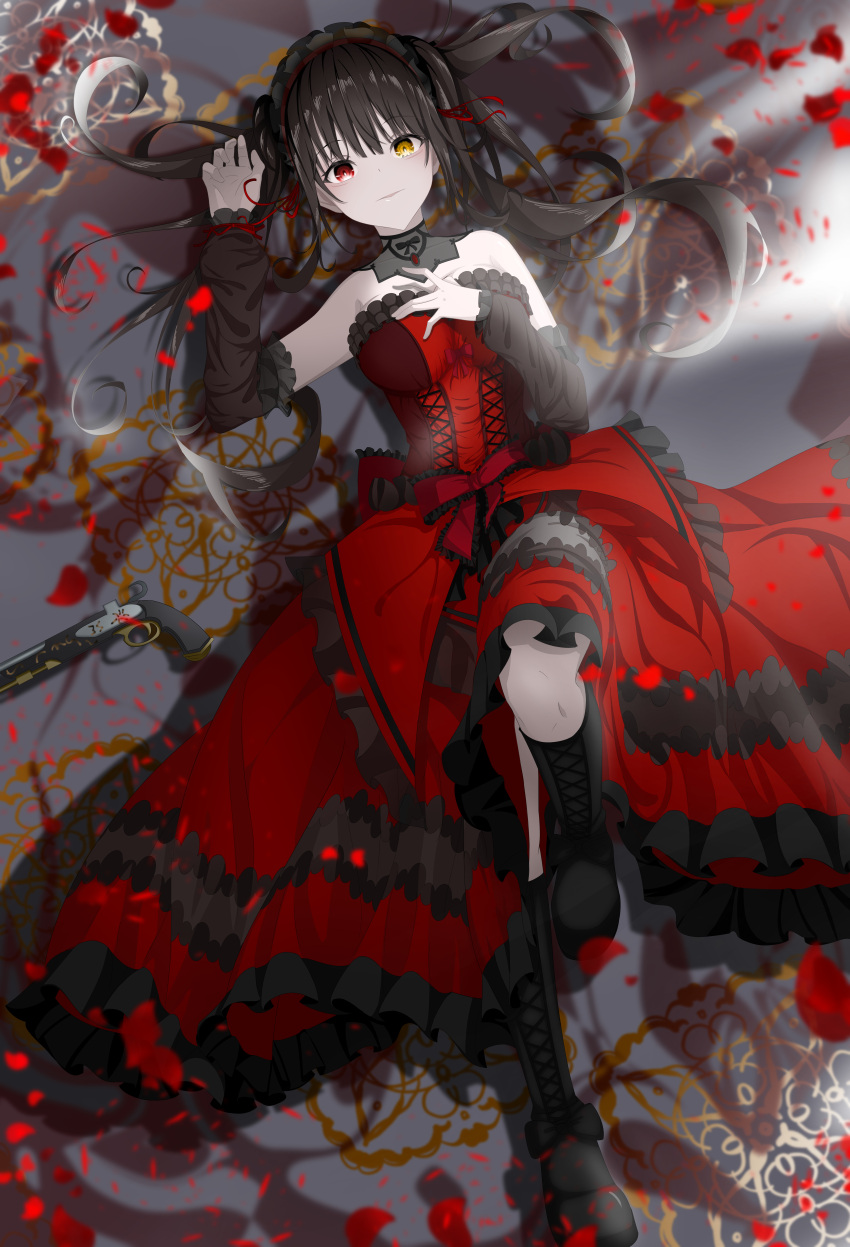 1girl absurdres bangs black_footwear black_hair boots date_a_live detached_collar detached_sleeves dress duanli06141 from_above gun hand_on_own_chest heterochromia highres knee_boots knee_up long_hair looking_at_viewer lying on_back open_mouth red_dress red_eyes roman_numeral smile solo strapless strapless_dress symbol-shaped_pupils tokisaki_kurumi twintails weapon yellow_eyes
