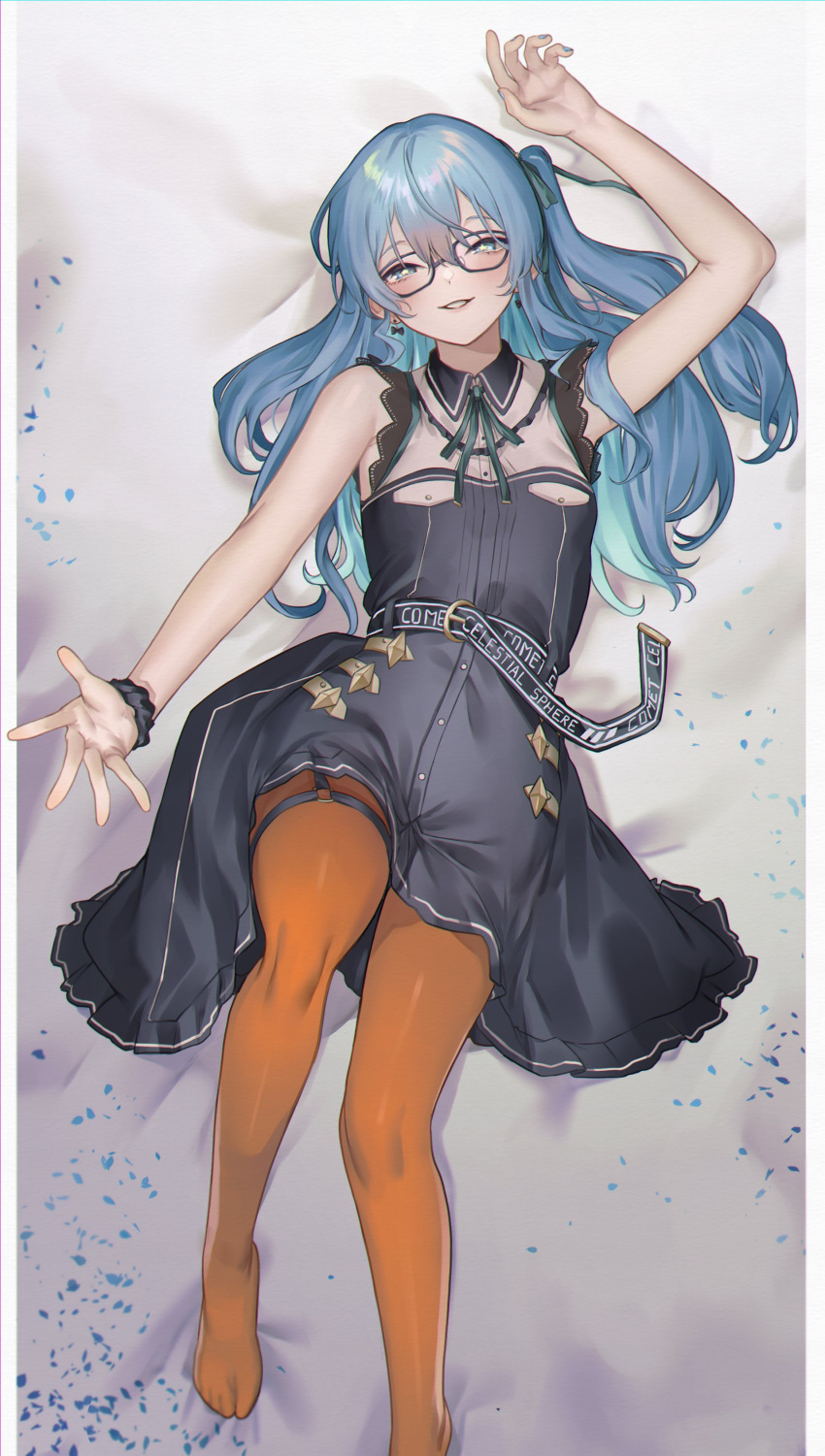 1girl absurdres arm_up bangs bare_arms bed_sheet black_dress blue_eyes blue_hair blue_nails blush bow bow_earrings dress earrings eredhen green_ribbon hair_between_eyes highres hololive hoshimachi_suisei jewelry long_hair looking_at_viewer lying nail_polish neck_ribbon no_shoes on_back on_bed one_side_up orange_legwear pantyhose parted_lips ribbon scrunchie sleeveless sleeveless_dress solo star-shaped_pupils star_(symbol) symbol-shaped_pupils thigh_strap virtual_youtuber wrist_scrunchie