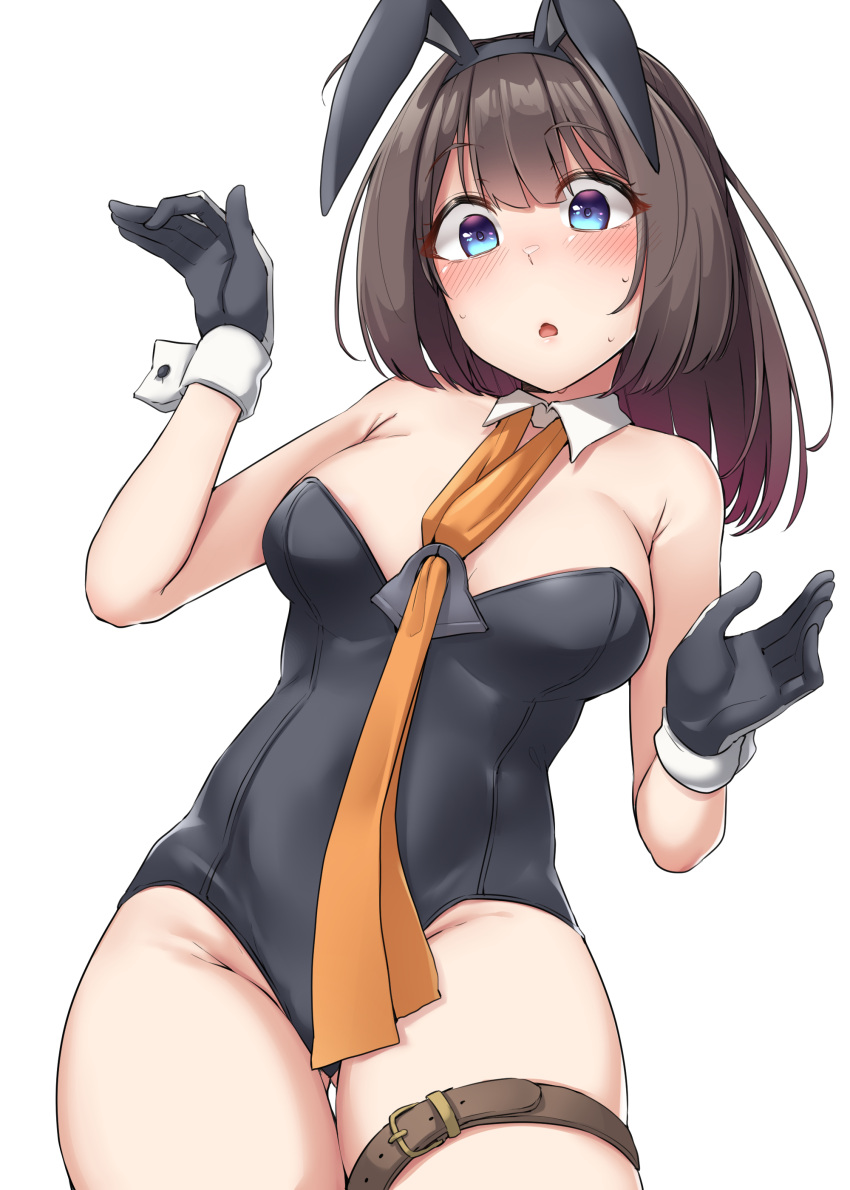 1girl :o absurdres akizuki_(kancolle) alternate_costume animal_ears ass_visible_through_thighs black_gloves black_hair black_leotard blue_eyes blush breasts cowboy_shot detached_collar duplicate embarrassed fake_animal_ears from_below gloves groin highres kantai_collection kiritto leotard long_hair looking_at_viewer looking_down medium_breasts neckerchief open_mouth orange_neckerchief pixel-perfect_duplicate ponytail rabbit_ears short_hair simple_background solo strapless strapless_leotard sweatdrop white_background