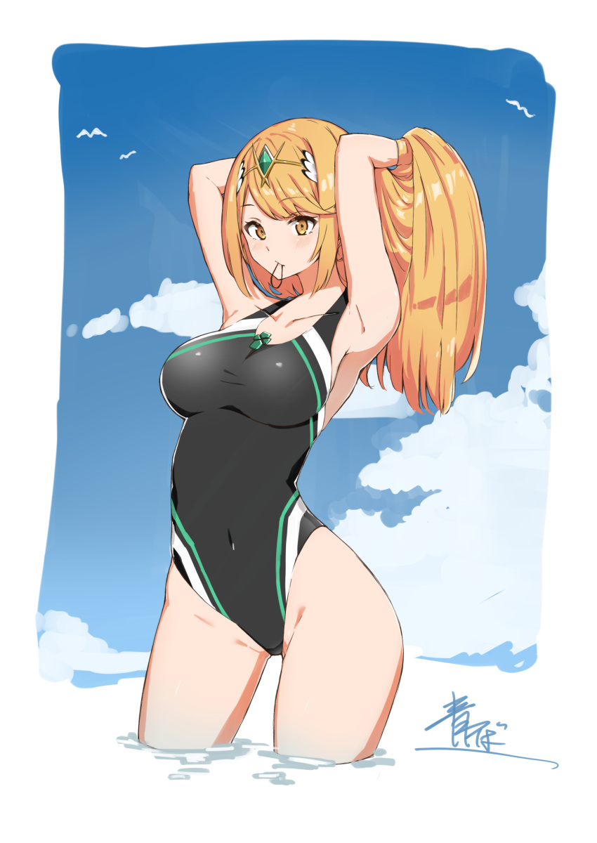 1girl absurdres alternate_costume aotsuba bangs black_swimsuit blonde_hair breasts chest_jewel competition_swimsuit highleg highleg_swimsuit highres large_breasts long_hair mythra_(xenoblade) one-piece_swimsuit solo swept_bangs swimsuit very_long_hair xenoblade_chronicles_(series) xenoblade_chronicles_2 yellow_eyes