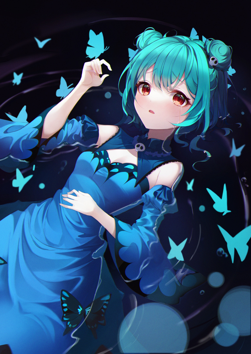 1girl absurdres animal bangs bare_shoulders blue_dress blue_sleeves blush breasts bug butterfly crying crying_with_eyes_open danyo_(chung0226) detached_sleeves double_bun dress eyebrows_visible_through_hair green_hair hair_ornament hand_up highres hololive juliet_sleeves long_sleeves looking_at_viewer parted_lips partially_submerged puffy_sleeves red_eyes ripples skull_hair_ornament sleeveless sleeveless_dress small_breasts solo tears uruha_rushia virtual_youtuber water wide_sleeves