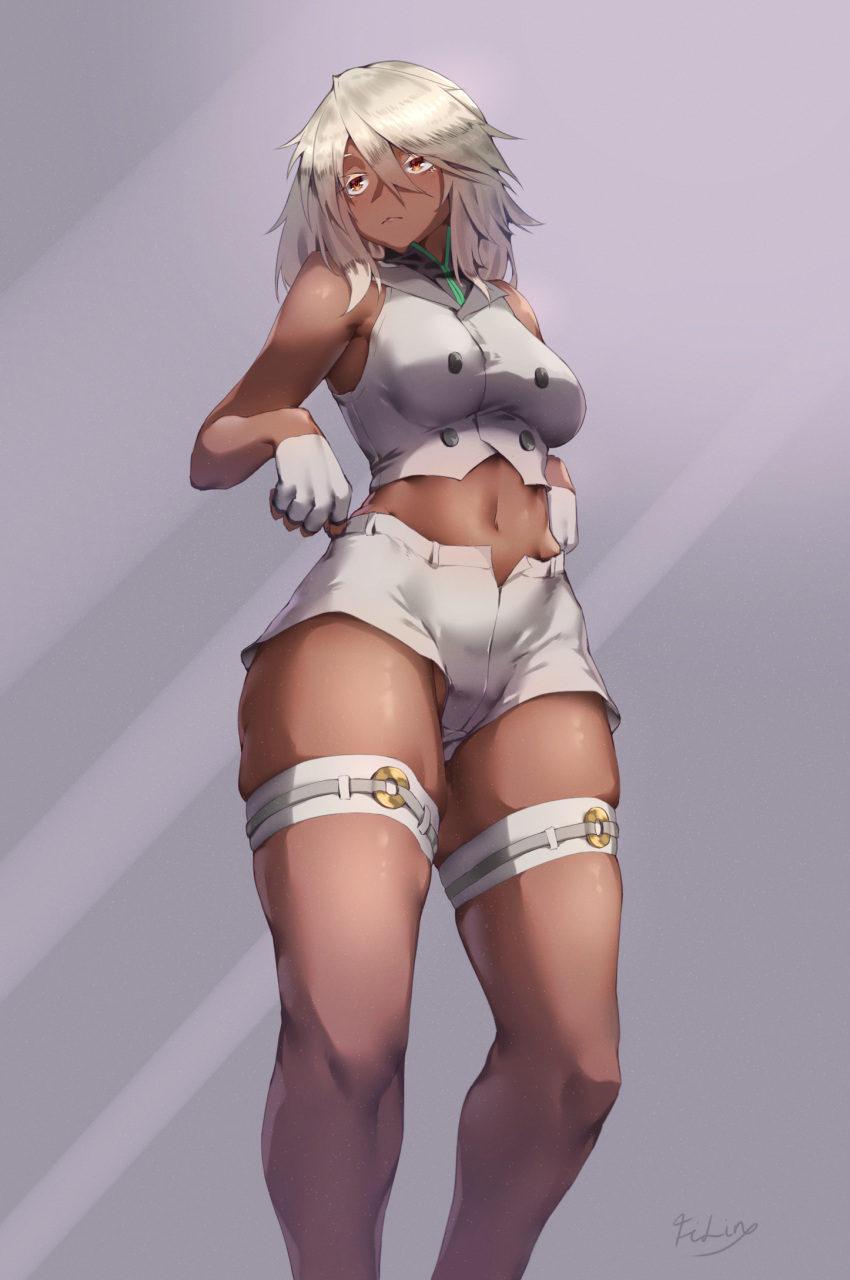 1girl bare_shoulders breasts crop_top dark-skinned_female dark_skin filin fingerless_gloves gloves guilty_gear guilty_gear_strive highres long_hair medium_breasts midriff navel open_fly platinum_blonde_hair ramlethal_valentine shirt short_shorts shorts signature skindentation solo standing thick_thighs thigh_strap thighs white_gloves white_shirt yellow_eyes