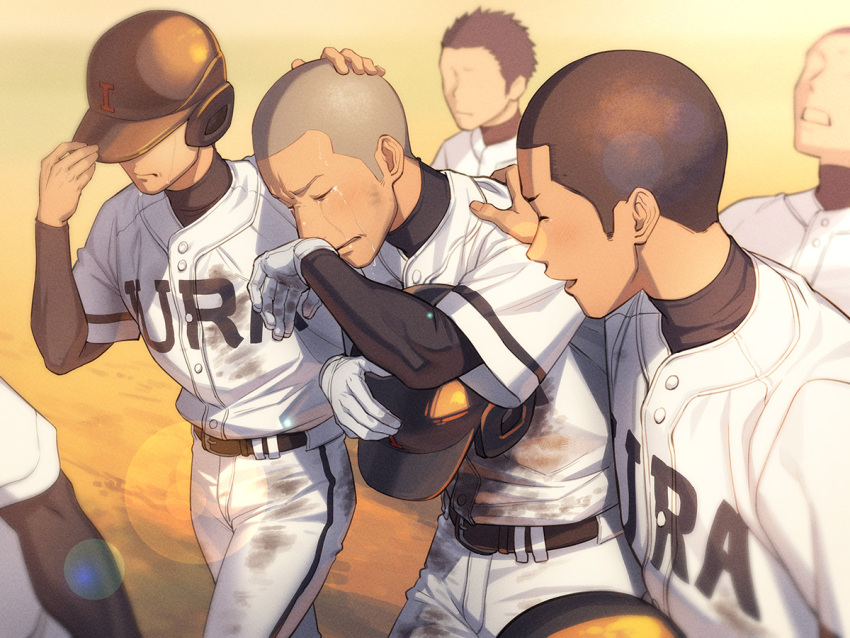 5boys adjusting_clothes adjusting_headwear baseball_helmet baseball_uniform belt black_undershirt closed_eyes crying dirty dirty_clothes faceless faceless_male gloves hand_on_another's_head hand_on_shoulder helmet holding holding_helmet lens_flare male_focus multiple_boys original shaved_head sportswear tettabuzz white_gloves