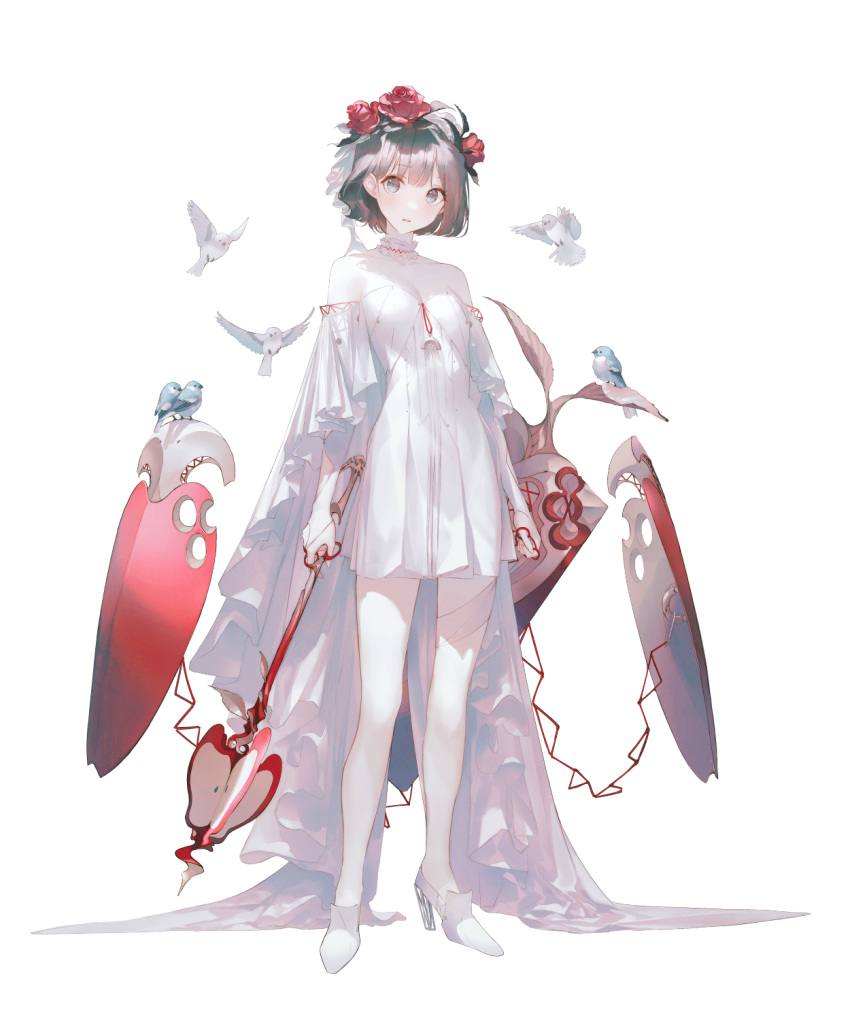 1girl animal arms_at_sides bare_shoulders bird breasts brown_hair choker dress flower frilled_choker frills grey_eyes grimlight hair_flower hair_ornament high_heels highres holding holding_weapon looking_at_viewer mace official_art parted_lips rose seol short_hair simple_background small_breasts snow_white_(grimlight) solo standing transparent_background weapon