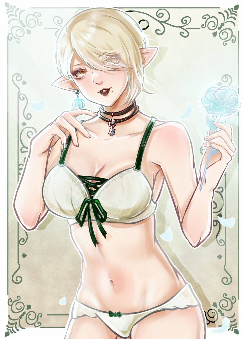 1girl absurdres akira-tama avatar_(ff14) blonde_hair bra breasts choker cowboy_shot earrings elezen elf eyes_visible_through_hair final_fantasy final_fantasy_xiv flower hair_over_one_eye highres jewelry large_breasts looking_at_viewer mole mole_under_mouth navel panties pointy_ears short_hair solo underwear underwear_only yellow_eyes