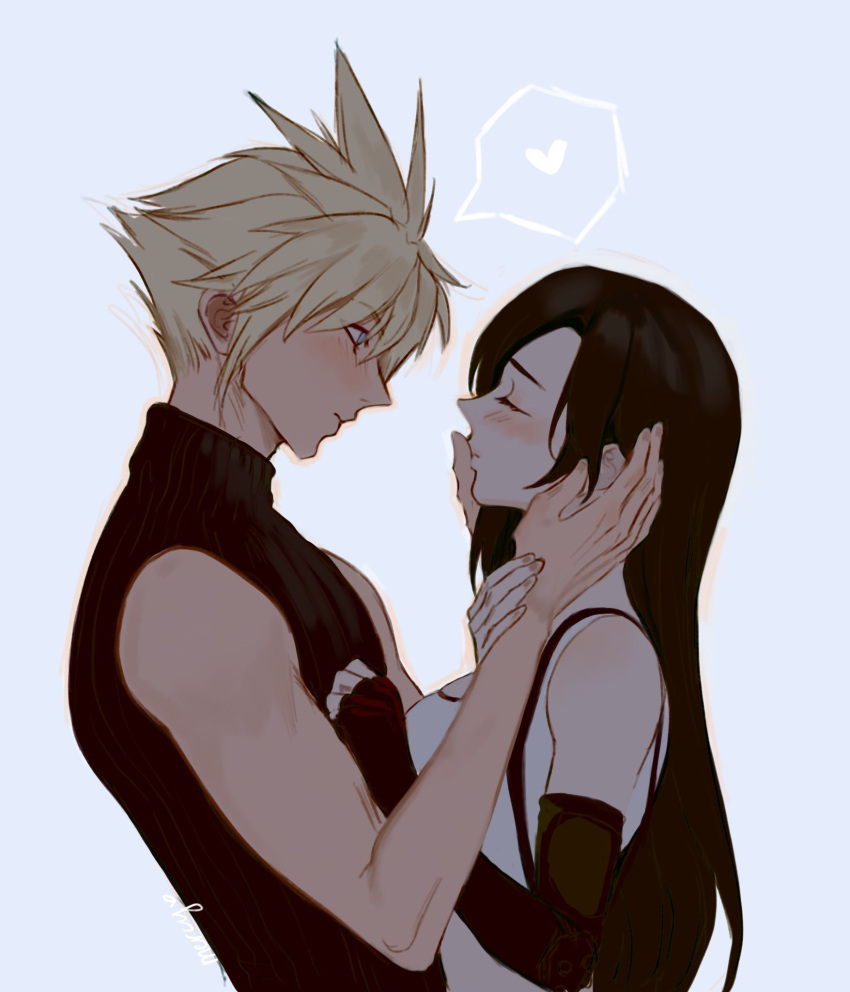 1boy 1girl black_hair blonde_hair blue_eyes blush caress closed_eyes cloud_strife detached_sleeves final_fantasy final_fantasy_vii final_fantasy_vii_remake hand_on_another's_cheek hand_on_another's_chest hand_on_another's_face hands heart highres long_hair looking_at_another mercy_(myrrcy) spiky_hair suspenders tank_top tifa_lockhart turtleneck