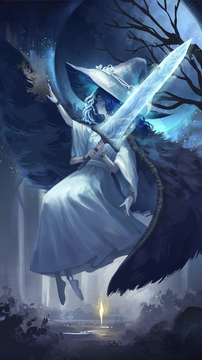 1girl bare_tree blue_hair blue_skin cloak closed_mouth colored_skin dinhosaur dress elden_ring extra_arms extra_faces floating from_side full_moon fur_cloak highres holding holding_sword holding_weapon long_sleeves moon moonlight_greatsword profile ranni_the_witch site_of_grace solo sword tree two-handed weapon white_dress wide_sleeves