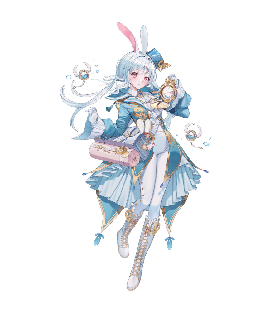 1girl animal_ears bag blue_hair bodysuit boots clock coat creature cross-laced_footwear floating gloves grimlight hair_ribbon hat highres holding kinty lace-up_boots long_hair official_art pink_eyes rabbit_ears rabbit_girl ribbon shoulder_bag simple_background solo tailcoat transparent_background white_rabbit_(grimlight)
